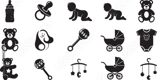 Baby Care and Nursery Icons in Black Silhouette