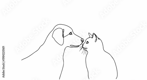 Minimalist line art depicting a dog and cat nose to nose