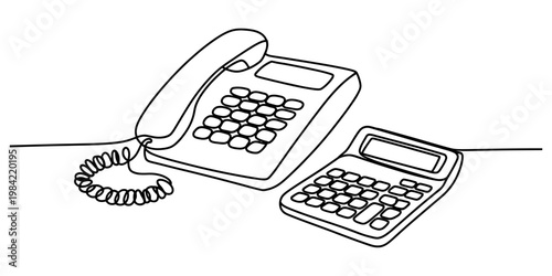 A simple continuous line drawing of an office telephone next to a pocket calculator on a table Vector, illustration