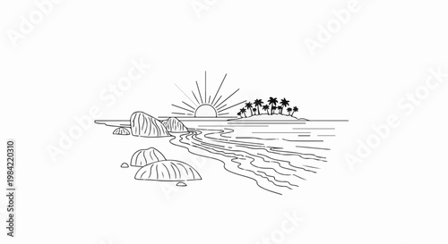 Minimalist line art depicts a tropical island sunrise over a calm ocean with palm trees and rocks