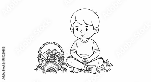 Happy boy sits with basket of decorated eggs in grass, springtime