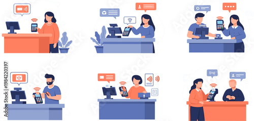 Contactless Payment Illustration Collection with POS Terminal, NFC Mobile Transactions, Customers Paying in Store, and Digital Checkout Scenes for Retail Technology Design