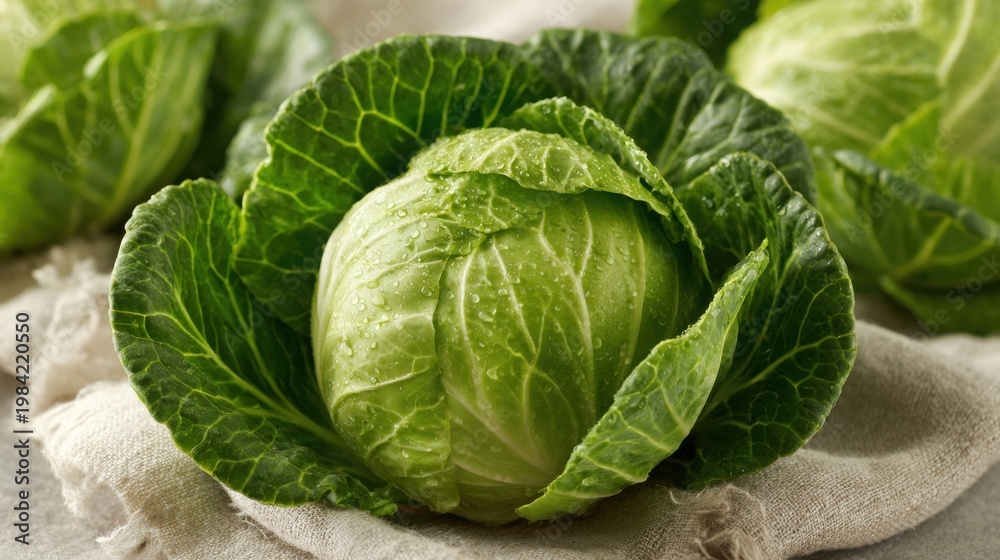 Fototapeta premium Close-up view of a fresh, tightly layered green cabbage head, showcasing its vibrant healthy texture and crisp outer leaves