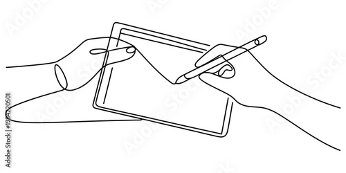 A single continuous line drawing showing a hand holding a digital tablet with a stylus pen used Vector, illustration