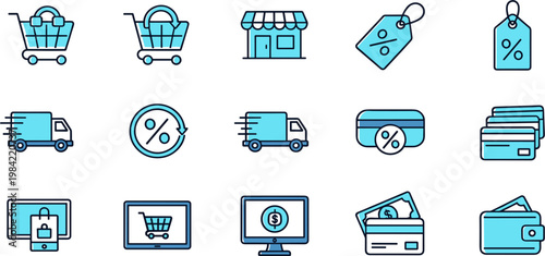 E Commerce Icon Set with Shopping Cart, Store, Discount Tags, Delivery Truck, Payment Methods, and Online Retail Symbols for Modern Business and App Design