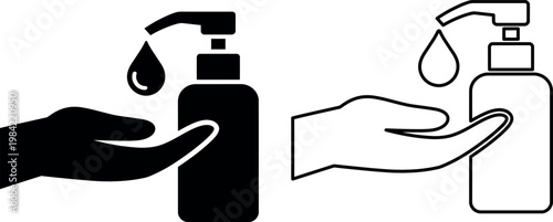 Hand sanitizer usage depicted in black and white and color icons