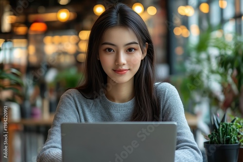 Young Woman Smiling and Working on Laptop at Cafe