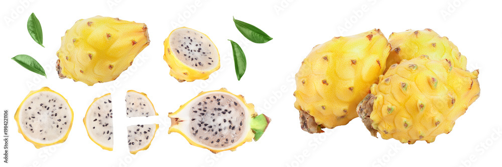 Fototapeta premium Dragon fruit, Pitaya or Pitahaya yellow isolated on white background. Top view. Flat lay. Set or collection
