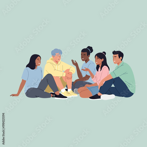 Diverse Group of Young People Sitting on the Floor Having a Conversation, Multicultural Friends Socializing and Talking Together Vector Illustration
