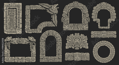 Ancient Mayan Stone Frames and Mesoamerican Relief Vector Borders