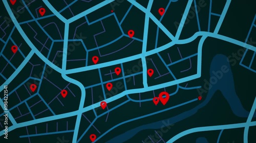 4K UHD Animated city map with location pins and navigation routes. Modern GPS tracking concept for smart city