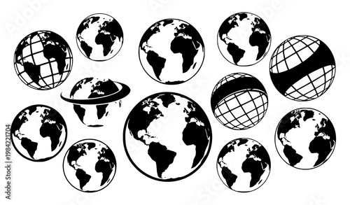 Modern globe silhouette icons with continents and grid patterns in dynamic layout minimal vector set isolated on white