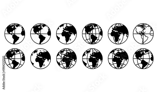 Globe silhouette icon set with world map views and longitude latitude grid designs in minimal vector style isolated on white