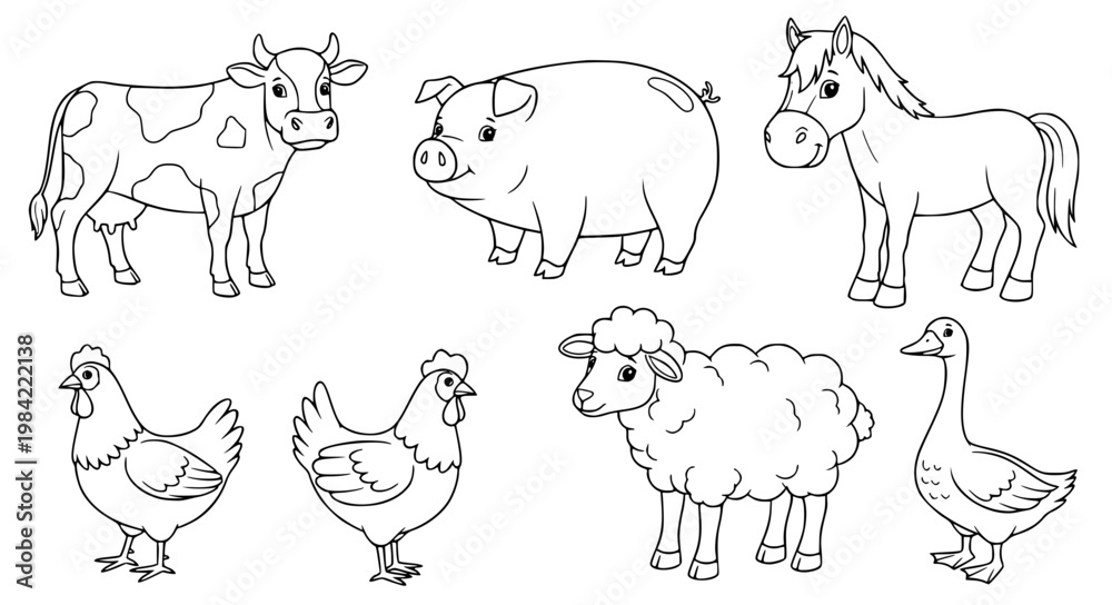 Obraz premium Farm animals line art coloring page set cow pig horse EPS10 isolated