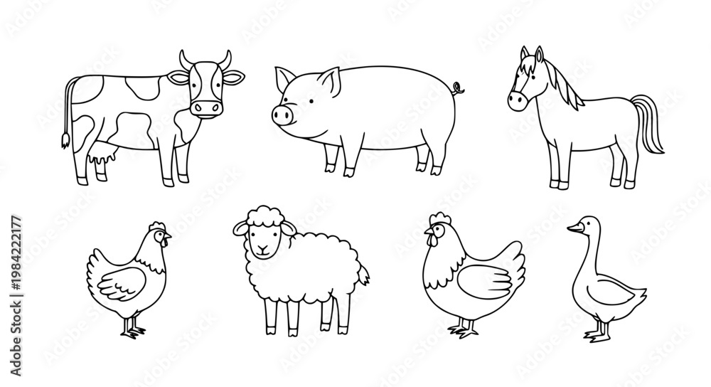 Obraz premium Minimal farm animal line art coloring set EPS10 isolated vector