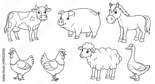 Farm animals line art coloring page set cow pig horse EPS10 isolated