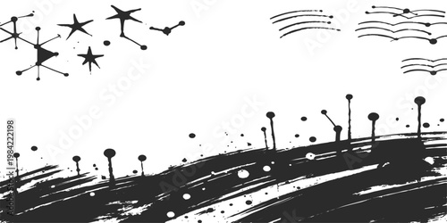 Abstract a graphic and imaginative artwork composed of a series of black brushstrokes, star-like figures, and dot-like patterns, creating a visually compelling and open composition. 