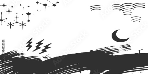 Abstract black and white minimalist artwork depicts a nocturnal sky, featuring stars, clouds, lightning, moon and a silhouette landscape, all rendered in simple, graphic forms.