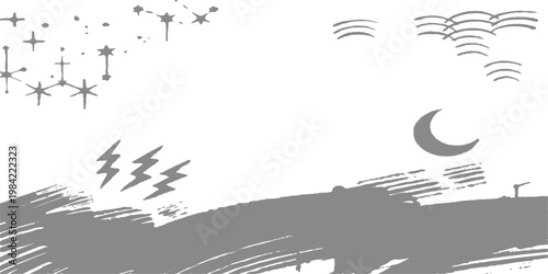 Abstract artistic minimalist illustration features a crescent moon, stars, lightning and a rough terrain.