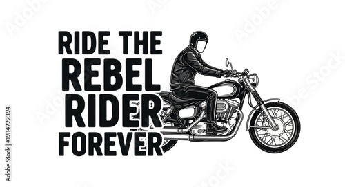 Man riding a classic motorcycle with rebel rider text.