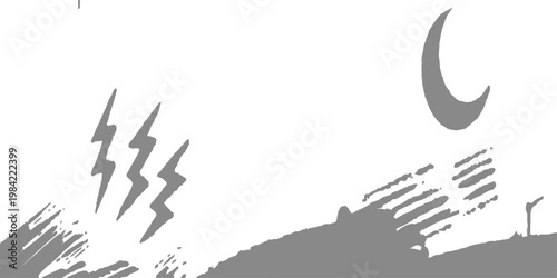 Abstract a graphic illustration, a stylized depiction of an evening sky. Includes elements such as the moon, lightning, and a bench, and evoking a sense of tranquility.