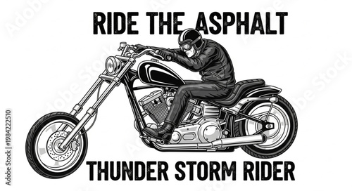 Man riding a custom chopper motorcycle on asphalt.