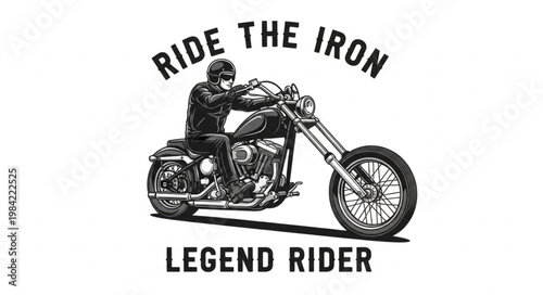 Man riding a custom chopper motorcycle with text overlay.