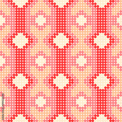 A vibrant geometric bead pattern with intertwined red and orange diamonds on a pale peach background.