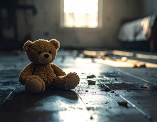 Lonely teddy bear sitting on dusty floor in abandoned room with soft sunlight streaming in