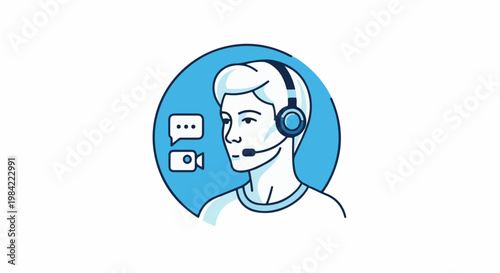 Headset wearer with speech bubble and video camera icon, digital communication