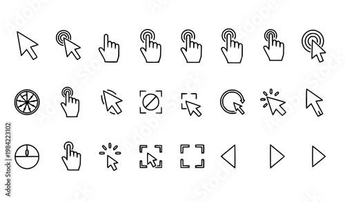 Cursor click interaction outline icons set with mouse pointer tap swipe UI vector illustration