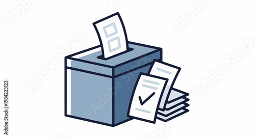 Hand-drawn illustration of a ballot box with papers and a checkmark