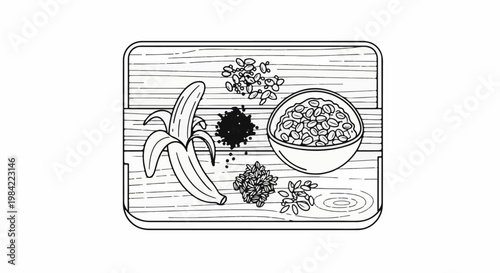 Hand-drawn illustration of a breakfast tray with a banana, bowl of cereal, and grains