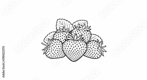 Hand-drawn illustration of a cluster of five ripe strawberries with green leaves