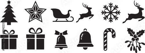 Christmas icons and symbols in black and white