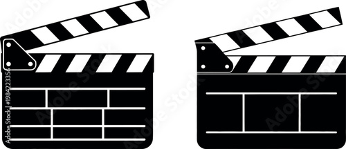 Two classic film clapperboards standing side by side in black and white illustration style