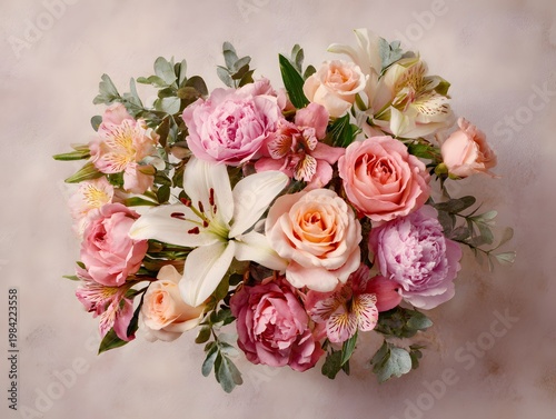Top View Mixed Flower Bouquet with Roses Peonies and Lilies on Soft Pastel Background Flat Lay Floral Arrangement with Copy Space