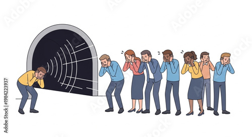 Man Peeking Into Dark Tunnel Scares Group of People.