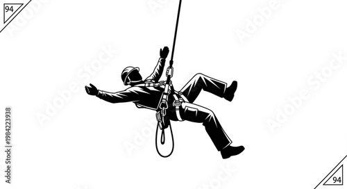 Man Rappelling Down a Rope with a White Background.