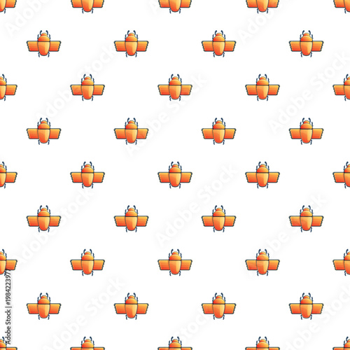 Repeating pattern showing orange winged egyptian scarab beetles on a white background