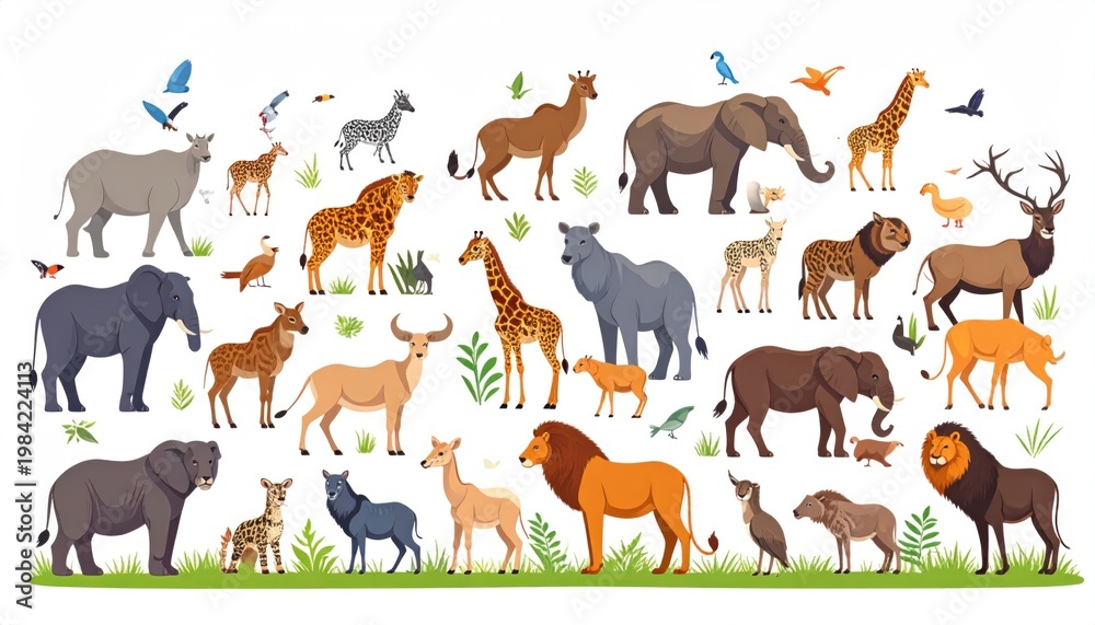 Obraz premium A vibrant illustration showcases diverse African wildlife with birds, mammals, and various species
