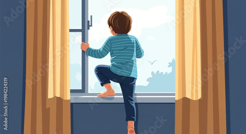 Vector illustration of a young barefoot child with brown hair in a striped shirt climbing onto an indoor window sill to look out an open window, depicting child curiosity and home safety risks.