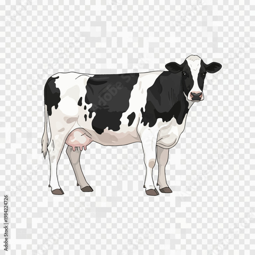 Full body vector illustration of a black and white spotted Holstein Friesian dairy cow shown in side profile view, isolated on transparent background for agricultural livestock design.