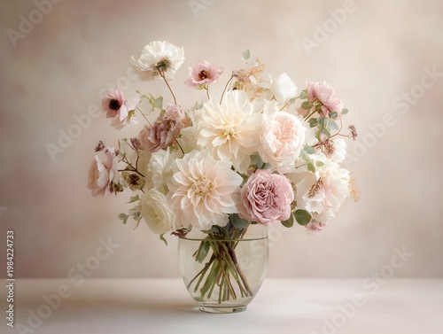 Pastel Floral Arrangement in Glass Vase with Visible Stems Elegant Studio Flower Bouquet on Soft Neutral Background Luxury Wedding Decor Image