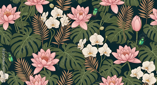 Tropical Floral Pattern with Lotus Flowers and Orchids.