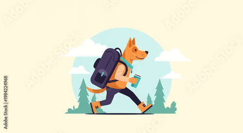 Flat vector illustration of an anthropomorphic orange dog wearing a backpack and hiking boots, holding a takeaway coffee cup while walking through a stylized forest landscape.