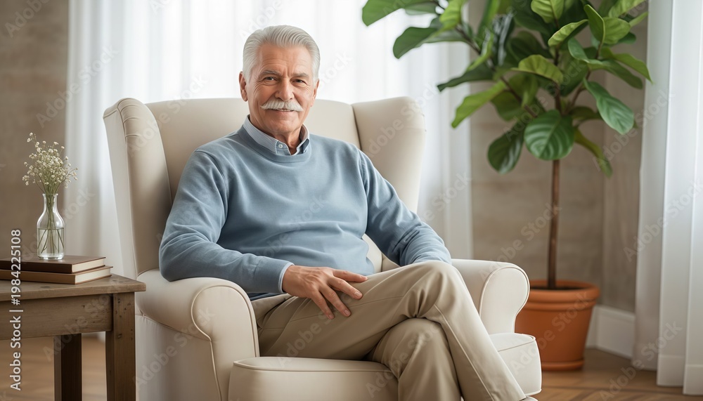 Fototapeta premium Smiling senior man sitting comfortably in a beige armchair at home