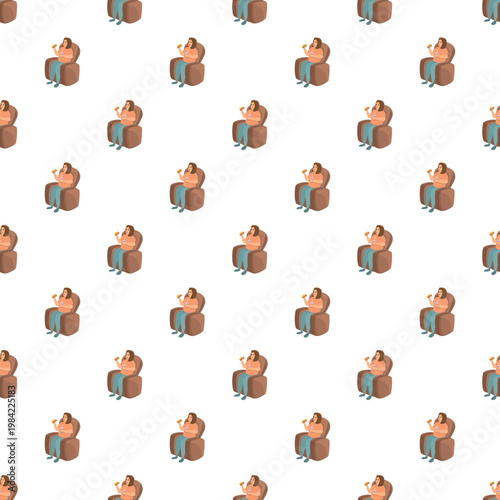 Woman sitting in a chair eating a burger, creating a repeating pattern for concepts like overeating