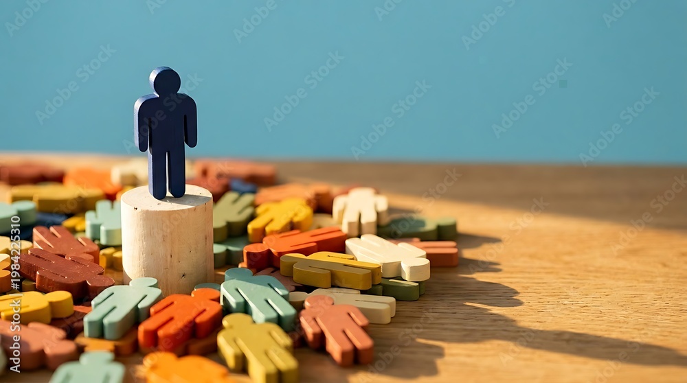 Fototapeta premium Male figure standing on a wooden pedestal amidst colorful wooden people symbols representing individual uniqueness and diversity in a conceptual scene