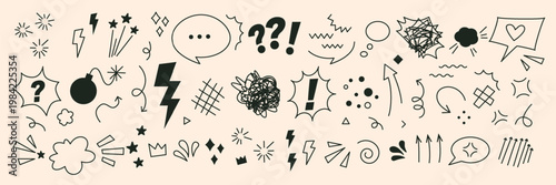 Comic cartoon and pop art sound effects set with explosive lines and speech bubbles. Playful vector doodles with editable stoke. Hand drawn manga icons, arrows, splash elements, anime emotion symbols